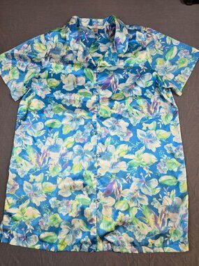 Delicates Floral Button-Up Sleep Pajamas Gown 2X Blue & Green Short Sleeve
